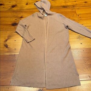 BODEN 12 Tan Ribbed Long Line Hooded Open Duster Cardigan